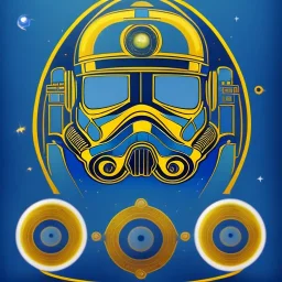 trés beau capitaine galactique, star wars style, avec costumes bleu et or , arrière fond bleu galactique étoilés, casque