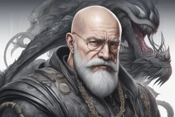 Old man, big beard, Bald hair, in cyberpunk drawing, venom model , intricate details, highly detailed, high details, detailed portrait, masterpiece,ultra detailed, ultra quality