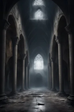 dark fantasy art of a medieval abandoned hall in a cloud