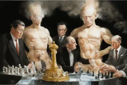 Putin, President Xi Of China And Joe Biden Play Chess With Atomic Bomb Mushroom Cloud,Complex Surgical Instruments Intermixed With A Newborn Boy,Minimalism,Painting By Adrian Ghenie,Rene Magritte,Pablo Picasso,Michelangelo,Salvador Dali,Lucian Freud