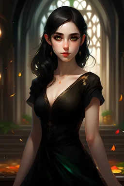 elfo de vestido preto, preto, em pé, cores vibrantes, foco nítido, 1 garota, cabelo escuro, olhos castanhos
