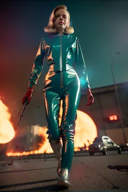 retro sci-fi image from 1960, supermarket explosions, fire, people running, sweet young blonde woman walking, tight latex suit, weapon, soft color, highly detailed, unreal engine 5, ray tracing, RTX, lumen lighting, ultra detail, volumetric lighting, 3d, finely drawn, high definition, high resolution.