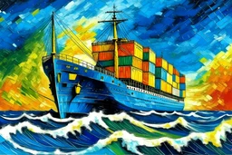 Oil painting in cezanne style of a containership in rough weather digital art