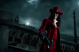 Action shot of Tom Hiddleston as Alucard from the live action "Hellsing" movie based on the anime of the same name. He is wearing his signature red hat and yellow glasses, while laughing in the moonlight.