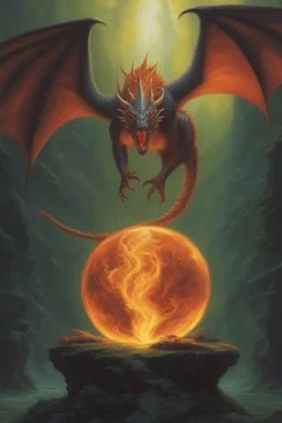 magic orb dripping with dragon fire. cloned wings. perfect claws. fantasy setting. concept art, intricately detailed, color depth, dramatic, colorful background. painted by Larry Elmore