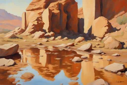 Sunny day, rocks, mountains, puddle, sci-fi movies influence, fantasy, rodolphe wytsman and ludwig dettman impressionism paintings