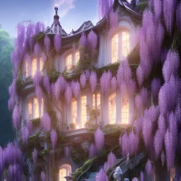 a magical flower bougainvillier wisteria house in the woods, pink vertical, blue lake,sharp, vines, candlelit, endor, ornate, elegant, highly detailed, artstation, concept art, smooth, sharp focus, illustration, 8k, splash art, wallpaper, key visual