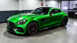 Mercedes-Benz AMG GT63s, green, with four side doors parked in a luxury garage, with the car facing right
