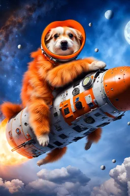 white and orange dog flies to the moon on top of the a rocket