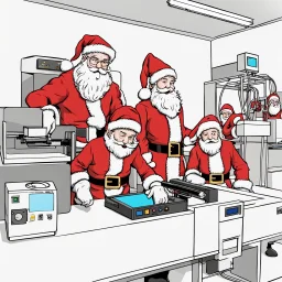 Santa Claus and his elves trying out a new 3D printer for making toys