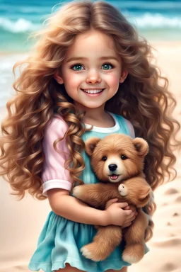 mage of hiper realistic 4-5 year old cute beauty girl With beach wavy dimensional melange hair. With deep real smiling green eyes and brow long hair. Holding a bear-toy. Near her to stay very cutte puppy