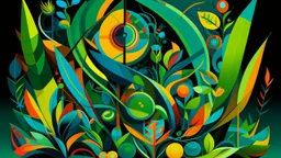 A surreal, abstract composition featuring various geometric shapes and forms in vibrant colors like green, blue, yellow, and orange against a dark background. The shapes appear to be stylized representations of organic elements like leaves, flowers, and insects. The overall style has a whimsical, dreamlike quality.