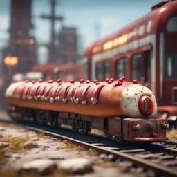 old train that looks like a hot dog full of ketchup, in the style of a fallout 4,bokeh like f/0.8, tilt-shift lens 8k, high detail, smooth render, down-light, unreal engine, prize winning