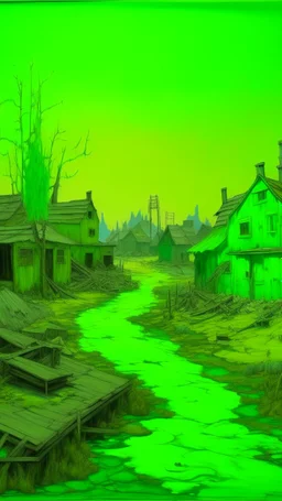 A lime green abandoned toxic town painted by Vincent van Gogh