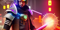 cyber samurai with cyber glowing swords, cyberpunk, full body, realistic, intricately detailed, neon lighting, vivid colors, neon, 64k