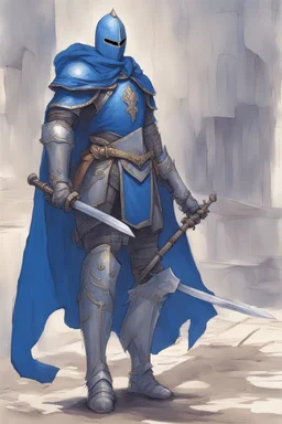 Knight wearing blue armor and blue cape with blue mask, holding a sword and shield