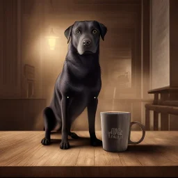 black labrador in a coffee shop, dramatic, dramatic lighting, pixar style, volumetric lighting, hyperrealism, 8k, high quality, photorealistic, lot of details