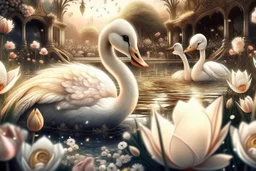 beautiful swan and cute chibi princess in a flowergarden with beautiful flowers, pond, in sunshine, H.R. Giger, anime, steampunk, surreal, watercolor and black in outlines, golden glitter, ethereal, cinematic postprocessing, bokeh, dof