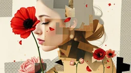 Abstract art, collage, mixed media, double exposure, portrait motherhood, red flower, collage