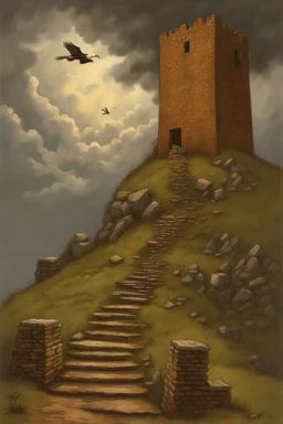 broken stairs leading up a steep hill to an old crumbling tower. Storm clouds. Eagles flying around the tower. By artist "Bluefooted",by artist "Peter Hurd"