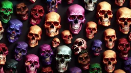 a picture of a dark, comedic, anatomically correct wall of colorful tightly packed skulls of varying sizes and expressions, photo realistic, insanely meticulous, highly detailed, part of a collection of bones on display, 64k, dystopian, vray