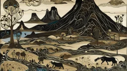 Dark brown dry mountains with tar pits designed in native American petroglyphs painted by Wassily Kandinsky