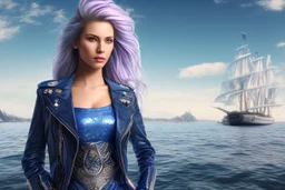 half body shot,realistic portrait of a 20-25 old caucasian model, long blue pink flowing hair, great grey eyes, blue leather jacket,full body, short white skirt,long legs,standing on deck of very big ship, beach of very nice lake with sunset ,clouds,godrayes