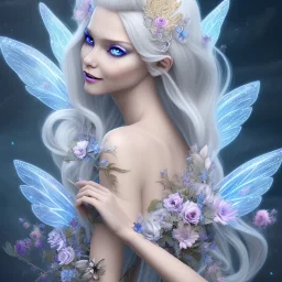 Fantasy fairy with transparent wings, smiling, make up, long platinum blond hair with crown and flowers, blue dress