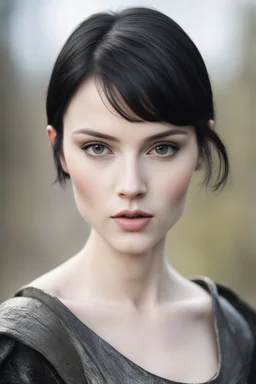 Scandinavian medieval woman with black short hair, pale skin, pretty lips, fit