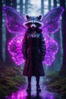 Volumetric forest fog racoon butterfly fairy lights,paradise sacred geometry framed playing card, black, red, spore and purple neon fire cyber punk dancer thief in soaked rain coat shadows boss card in the style of giger and fallout 4 ,,bokeh like f/0.8, tilt-shift lens 8k, high detail, smooth render, down-light, unreal engine