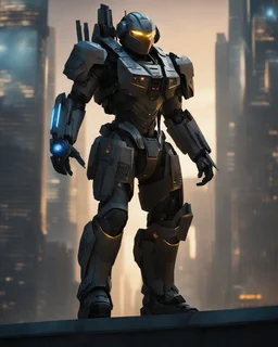 Create an image of a Cyberpunk Robot in a highly detailed and advanced armored suit, similar to the one shown but with even more intricate designs and cool features. The armor should have a sleek, futuristic look with glowing elements and enhanced gadgets visible on the suit. The setting is at dusk in an urban environment, with the character standing on a high-rise building overlooking a futuristic cityscape that reflects the advanced technology of the world they are protecting.