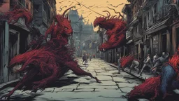 Creatures from 'Fiend without a face' chasing a woman down a street, detailed design, deep colour