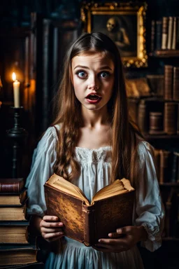 a girl possessed, eyes scary face, holding an old book, against the background of a dark room full of old things