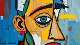 random abstract painting, flat brush strokes, palette knife, hyperdetailed oil on canvas, triking abstract cubist Picasso style design with trings tape brightly colored impasto oil paintings and rusty metal pieces and glass, one eyes white a head two curved. Cubism breaks objects into geometric shapes. presence, picasso, botero and steve mac curry style