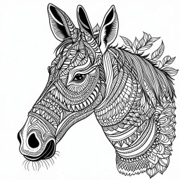 donkey, realistic, coloring page, Animal, mandala, only draw lines, coloring book, clean line art, wildlife-inspired, kid style, –no sketch, color, –ar 3:4, white background, minimalistic black lines, 8k, minimal black color, low level black colors, coloring page, use pure black and white colors, avoid thick black colors, thin black line art, avoid colors, perfect shape, perfect clear lines, clear edges, fill total edges, exact perfect edges, not use black colors, dont use black colors