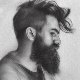 moody tiny charcoal side profile portrait of a bearded man, smudged charcoal, side on profile, charcoal portrait, artistic black and white profile portrait, delicate, highly detailed, chiaroscuro, beautiful composition, delicate arrangement, aesthetic, soft lighting, tender