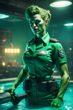 portrait of green muscular super mutant police woman cook in uniform in cyan pool in fallout 4 setting, bokeh, downlight, prize winning, depth of field, in the style of ivo caprino, backlight, aura