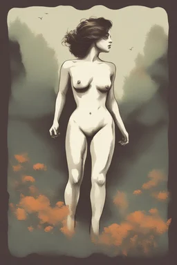 A minimalist, t-shirt design with a vintage twist, featuring a sleek and stylized unclad woman's body silhouette against a faded, women's body is a painting about nature, awesome, bright.