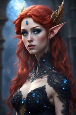 A beautiful elf girl decorated in black lace and blue crystals, with red hair, octane render Artstation perfect composition, intricate details, hyper details, masterpiece, perfect composition, perfect anatomy, perfect lighting, (((single subject ))), sf, intricate artwork masterpiece, ominous, matte painting movie poster, golden ratio, trending on cgsociety, intricate, epic, trending on artstation, by artgerm, h. r. giger and beksinski, highly detailed