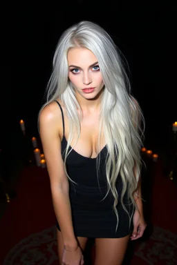 super pretty woman, blue eyes, white long haired, rude mode, dressed a little skirt black, stay on a red carpet, black back ground, candles, darkness, front view image, intrincate details, high quality picture.