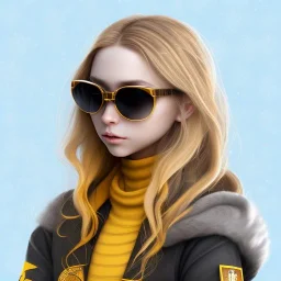 Girl with long wavy brown blond hair, yellow eyes. Wears Hogwarts Hufflepuff uniform, sunglasses with a yellow clip. She has a snowy owl with yellow eyes on her shoulder.