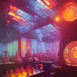 inside factory of colors. smoke rises from multi-colored glassware. color swatches in the background. hyperdetailed, warm colors, detailed painting, photorelistic, oil on canvas, light dust, futuristic. volumetric lighting