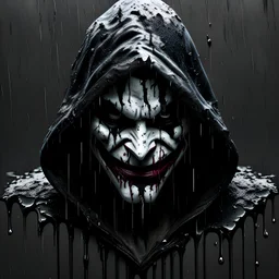 3D emblem, a Grime made of black mud, in a hood, dirt drips from the shoulders, a gloomy look, joker smile, simple background, photorealistic.