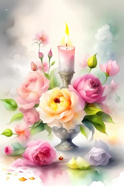 MAGIC A PYRAMID CANDLE IS BURNING AROUND WONDERFUL FLOWERS English watercolor, Smoky cream, pale gray, pale pink, pink background. bright light, a bouquet of roses on the table are pale pink, pale bordeaux, white, ochre. green stems, the light is translucent. Watercolor, fine ink drawing, peonies in an hourglass, elegant gold inlay, rich interior rose of the valley, leaves, nature, beautiful raindrops, beautiful fog, over a beautiful rainbow, fantasy, romantic dreamy mood, special attractions