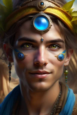 dnd, fantasy, in a desert town, portrait, a young and fun human wizard good looking, happy smiling face