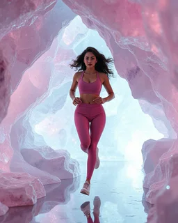 make a video pretty crystal cave covered with jewells and CIFI jewell lights and 3d recursive cubic and sphere base pearls and a beautiful fashion model lady with cute,curvy hair,makeup, in pretty decholte sports suit is running inside cave ,dynamic camera fallow her inside cave capturing full body, dynamic lights.