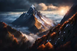 a snow-covered lonely steep massiv mountain reaching into the clouds. On top of the mountain is a needle thin tower. fantasy concept art, exquisite realism, a masterpiece, dynamic lighting, hyper detailed, intricately detailed, deep color, Unreal Engine, volumetric lighting , Epic cinematic brilliant stunning intricate meticulously detailed dramatic atmospheric maximal,