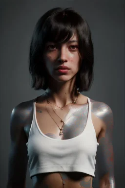 Ultra Realistic image, 25 years old brunette woman, Madrid, portrait, small stature, small chest, yakuza body tattoo, vibrant color, highly detailed, art stations, concept art, smooth, unreal engine 5, god rays, ray tracing, RTX, lumen lighting, ultra detail, volumetric lighting.