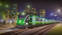 transperth c series train with perth at night in the background