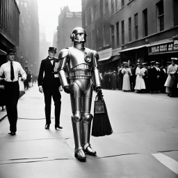black and white photo by Helmut Newton: C3PO with a gorgeous Charleston brunette vintage photo 1923 in the streets of Manhattan after the premiere of a movie, a vintage style policeman is around, wide angle on the old street
